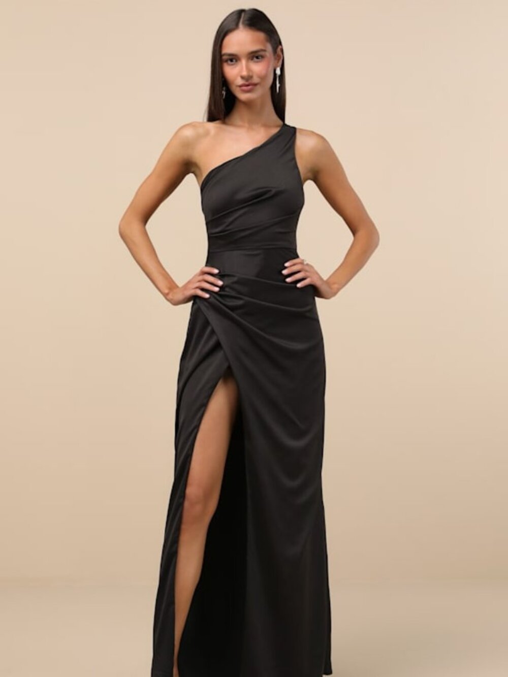 Lulus Dreaming Of Elegance Black Satin One-shoulder Maxi Dress - Size XL